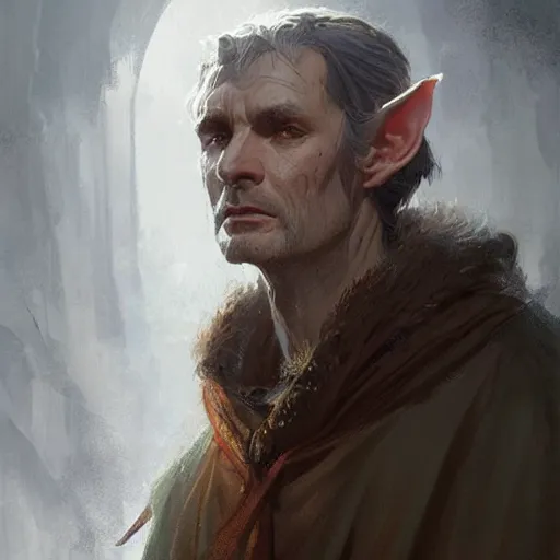 Prompt: Portrait of a tall middle aged elf wearing a cloak, detailed face, fantasy, highly detailed, cinematic lighting, digital art painting by greg rutkowski