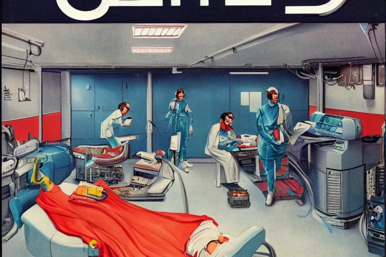 Image similar to 1979 OMNI Magazine Cover depicting an operating room in a commercial car garage. Cyberpunk Akira style by Vincent Di Fate