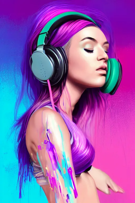 Image similar to a award winning half body portrait of a beautiful woman in a croptop and cargo pants with ombre purple pink teal hairstyle with head in motion and hair flying listenin to music on headphones by wlop, paint splatter, outrun, vaporware, shaded flat illustration, digital art, trending on artstation, highly detailed, fine detail, intricate