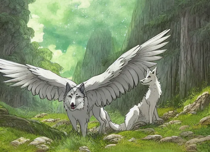 Prompt: a majestic wolf spreading the wings in a mythical forest next to a pathway, by ghibli studio and miyasaki, illustration, great composition