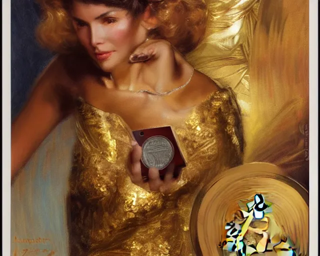 Prompt: attractive woman holding a golden bitcoin, commercial by annie liebovitz, gaston bussiere, craig mullins, j. c. leyendecker