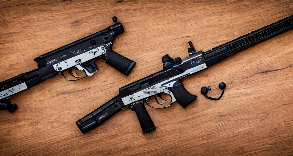Prompt: A studio photograph of futuristic chrome high-tech sleek Rolex-brand intricate engraved Laser Rifles with colorful LEDs laying on wood grain, XF IQ4, 150MP, 50mm, F1.4, ISO 200, 1/160s, natural light, Adobe Lightroom, photolab, Affinity Photo, PhotoDirector 365