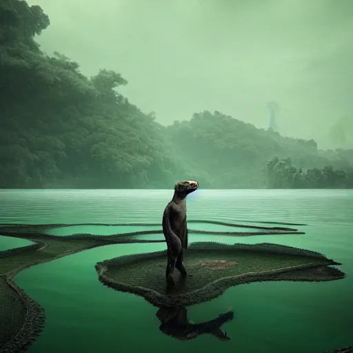 Image similar to dangerous creature lurking, eyes visible. a large body of water with green algae in it, a matte painting by filip hodas, cg society contest winner, environmental art, matte painting, volumetric lighting, cryengine