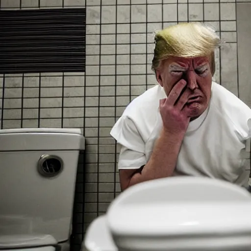 Image similar to a disheveled Trump crying profusely in prison clothing sitting on a toilet in jail. wide angle. The floor is grimy. candid photograph.