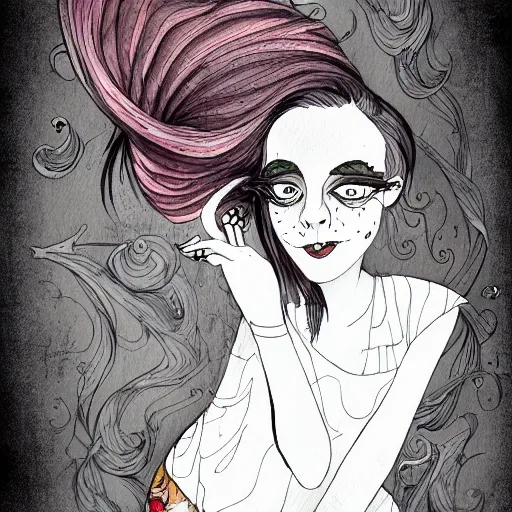 Image similar to a smug exclusivists female, black ink line art and watercolor, intricate, digital painting, concept art, smooth, focus, rim light style tim burton