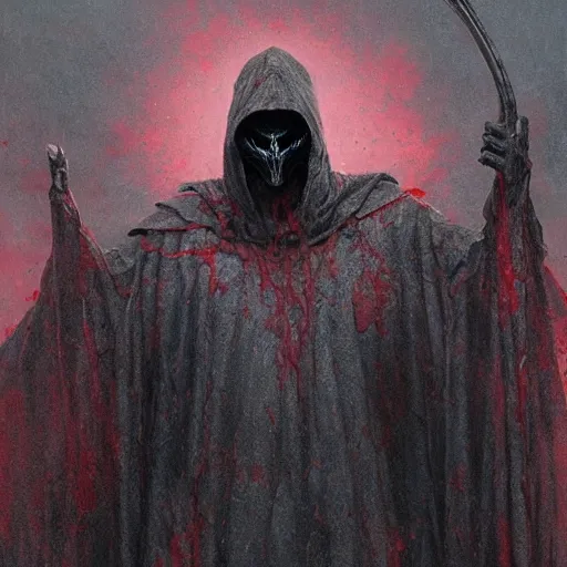 Prompt: The faceless god of chaos in a hood with a scarlet scythe dark fantasy, intricate, smooth, artstation, painted by Wayne Barlowe, Greg Rutkowski, zdislav beksinski