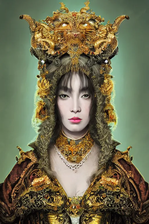 Prompt: a beautiful empress portrait, with a brilliant, impossible striking big Cat headpiece, clothes made of cats, everything cats, symmetrical, dramatic studio lighting, rococo, baroque, greens, asian, hyperrealism, closeup, D&D, fantasy, intricate, elegant, highly detailed, digital painting, artstation, octane render, 8k, concept art, matte, sharp focus, illustration, art by Artgerm and Greg Rutkowski and Alphonse Mucha