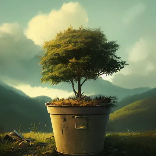 Image similar to low angle shot of a tree growing inside a trash - can in the foreground. overgrown. soft night - time over the mountains in the background. clouds. highly detailed, cinematic, beautiful, cgsociety, artstation, oil painting by greg rutkowski, by artgerm, by wlop
