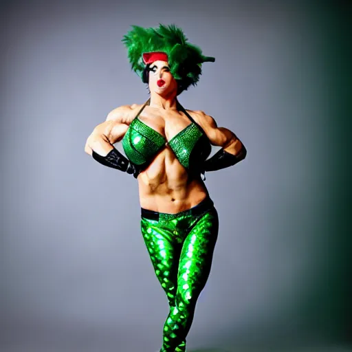 Image similar to muscular woman in a Motal Kombat Costune of Pikachu, performing burlesque, dark green background, photo by Annie Liebovitz