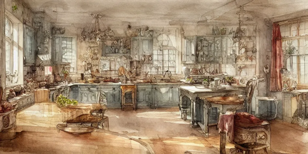 Image similar to a hiper intricate watercolor of a beatiful kitchen, extremely detailed, sharp focus, wide view, smooth, digital illustration, colorfull, by william turner art, by greg rutowski