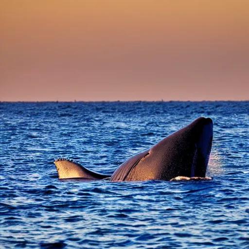 Prompt: a photo of a blue whale, high definition, high - quality, photography, golden light