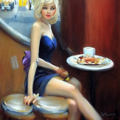 Prompt: mysterious blonde at a café in Paris, painting by Vladimir Volegov