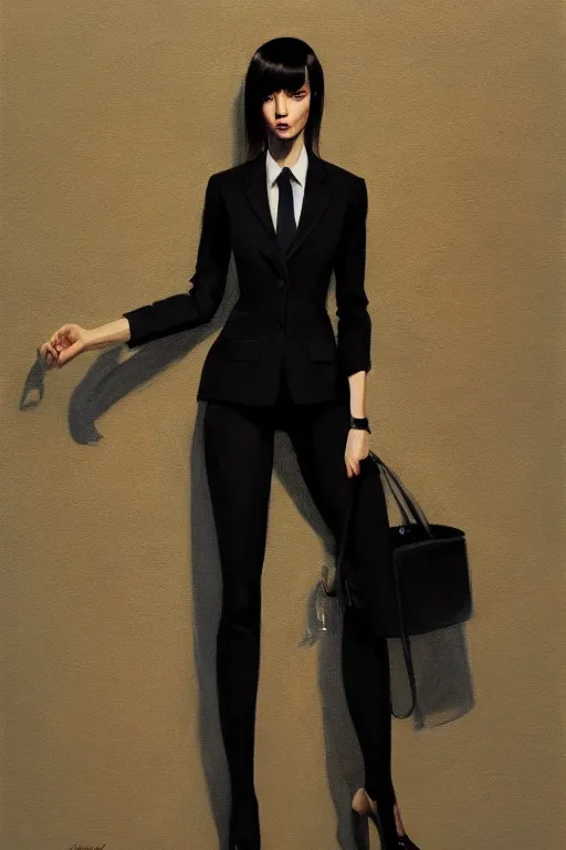 Image similar to a ultradetailed beautiful panting of a stylish woman wearing a black loose fit suit with a tie, oil painting, by ilya kuvshinov, greg rutkowski and makoto shinkai, trending on artstation