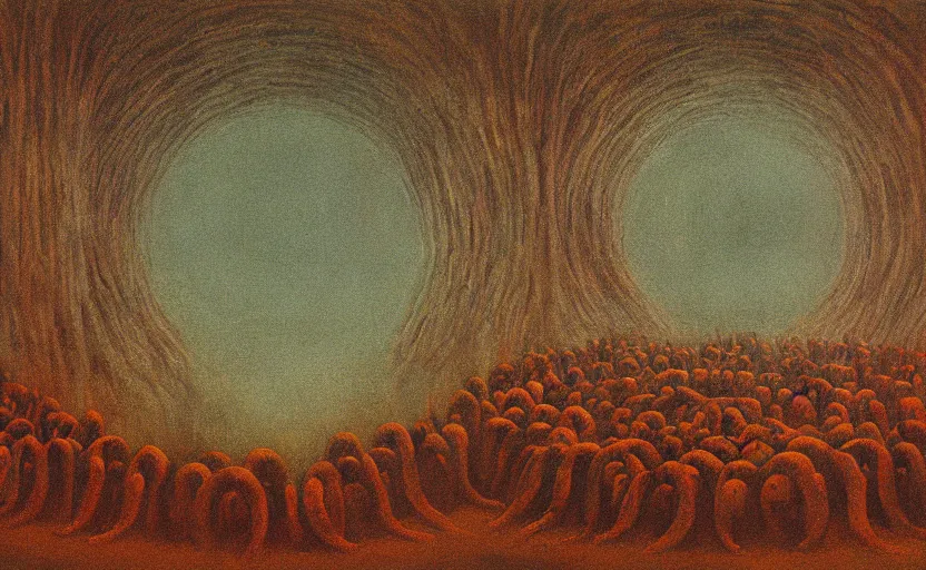 Image similar to A detailed painting of the nine circles of hell made in the style of Beksinski