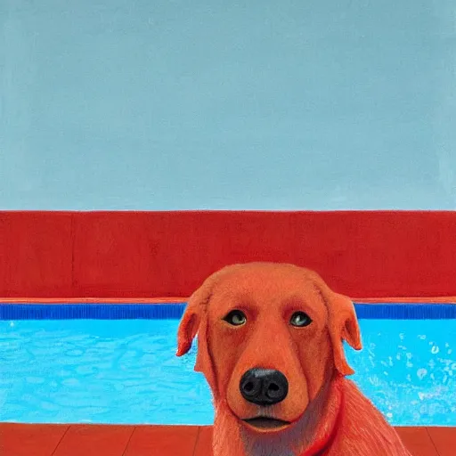 Prompt: close-up of a red dog in front of a pool, painting by david hockney, higly detailed