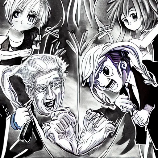 Image similar to anime drawing of joe biden vs. donald trump