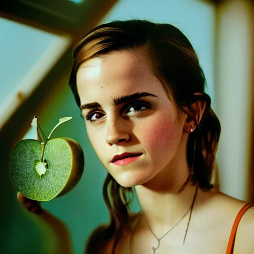 Image similar to Photograph of Emma Watson holding a green apple by the window. Golden hour, dramatic lighting. Medium shot. CineStill