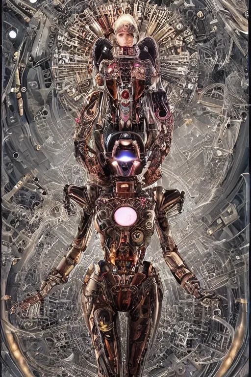 Prompt: a beautiful mechanized feminine android goddess of the quantum realm, westworld, photorealistic, magical, enchanted, intricate detail, elaborate machinery, clockwork, torn tapestry, swirling smoke, ember particles, regal design, royal relief