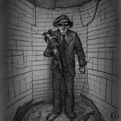 Prompt: the man inside the wall, creepy explorer sketch, eldritch journalist, concept art, grand scale, intricate detailed