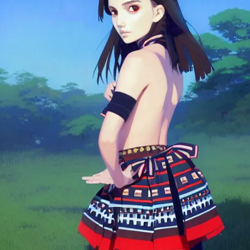 Image similar to a beautiful! boyish! natalie portman alluring gravure! model, wearing japanese school girl outfit with mayan pattern and native style, aztec street fashion, gapmoe yandere grimdark, trending on pixiv fanbox, painted by greg rutkowski makoto shinkai takashi takeuchi studio ghibli, akihiko yoshida