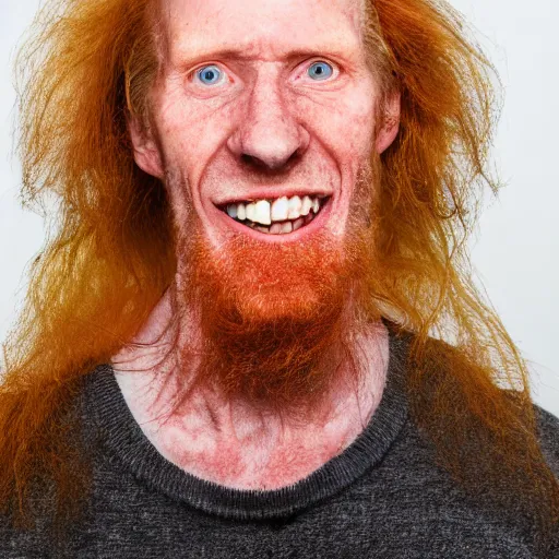 Image similar to photo of a 5 0 year old skinny tall ginger men with rotten stained big yellow teeth, ugly appearance, psoriasis disease, 8 5 mm, f / 1. 3