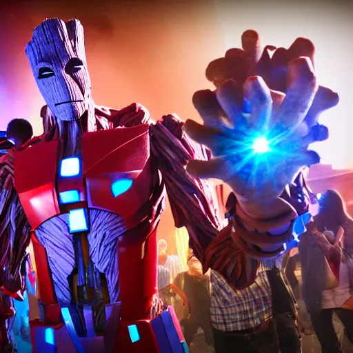 Prompt: groot and optimus prime in techno party among people dancing, wide shoot, after effect ultra realistic 3 d