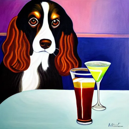 Prompt: a painting of a spaniel at the bar with a Martini, style mila furstova, light effect