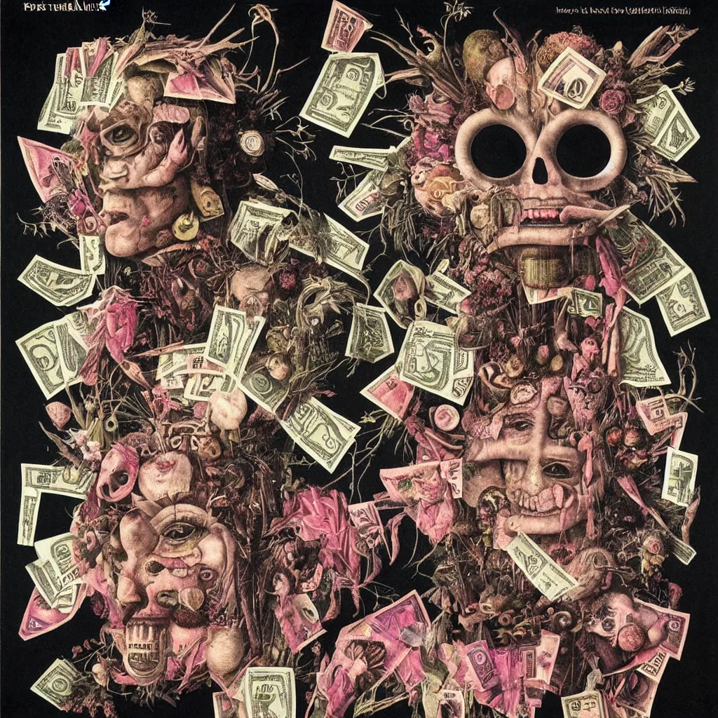 Image similar to post - punk new age album cover, asymmetrical design, dollar bank notes, capitalism, magic, apocalypse, psychedelic, black white pink, magic, giger h. r., giuseppe arcimboldo