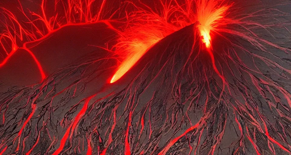 Prompt: a volcano made of ivory vines and crimson rocks enters in eruption, it spits a smoke in the shape of demonic eye, by burns jim