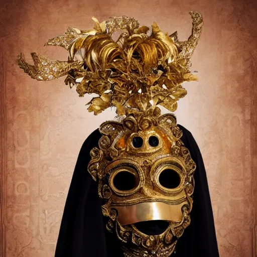 Image similar to full standing figure baroque cultist wearing large occult headpiece, skirt, venice carnival, full face gold Volto mask, mid shot, hyperrealistic