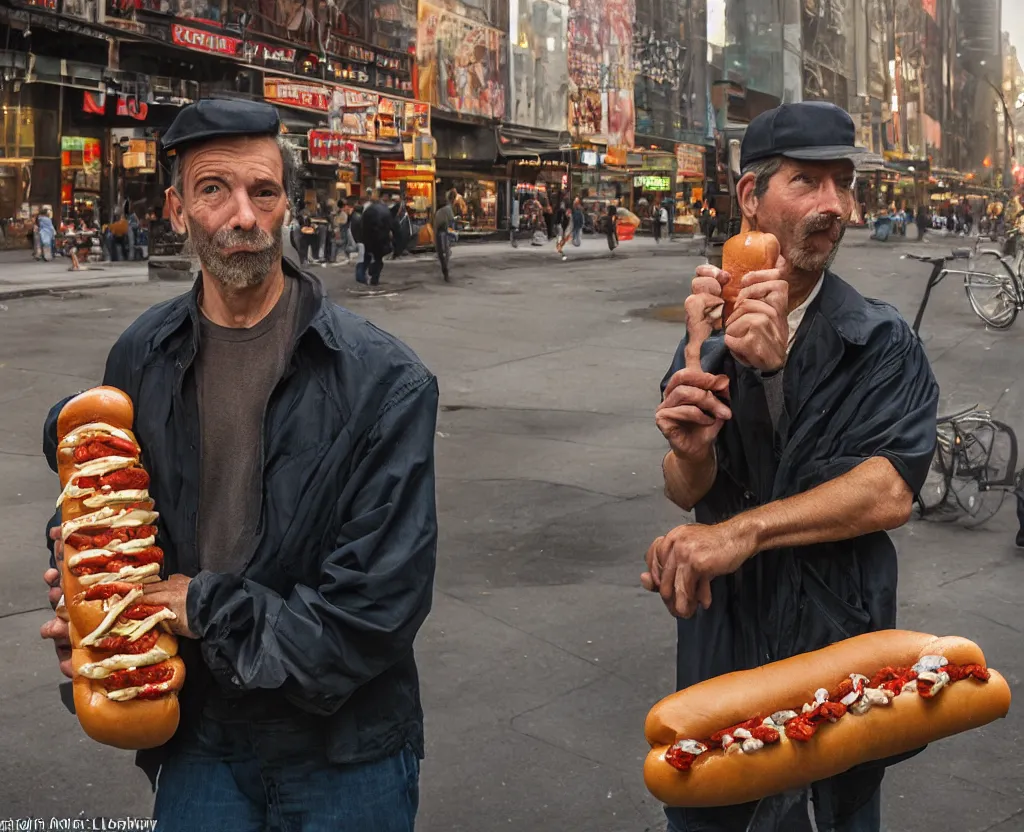 Image similar to closeup portrait of a man carrying a giant hotdog, smoky new york back street, by Annie Leibovitz and Steve McCurry, natural light, detailed face, CANON Eos C300, ƒ1.8, 35mm, 8K, medium-format print