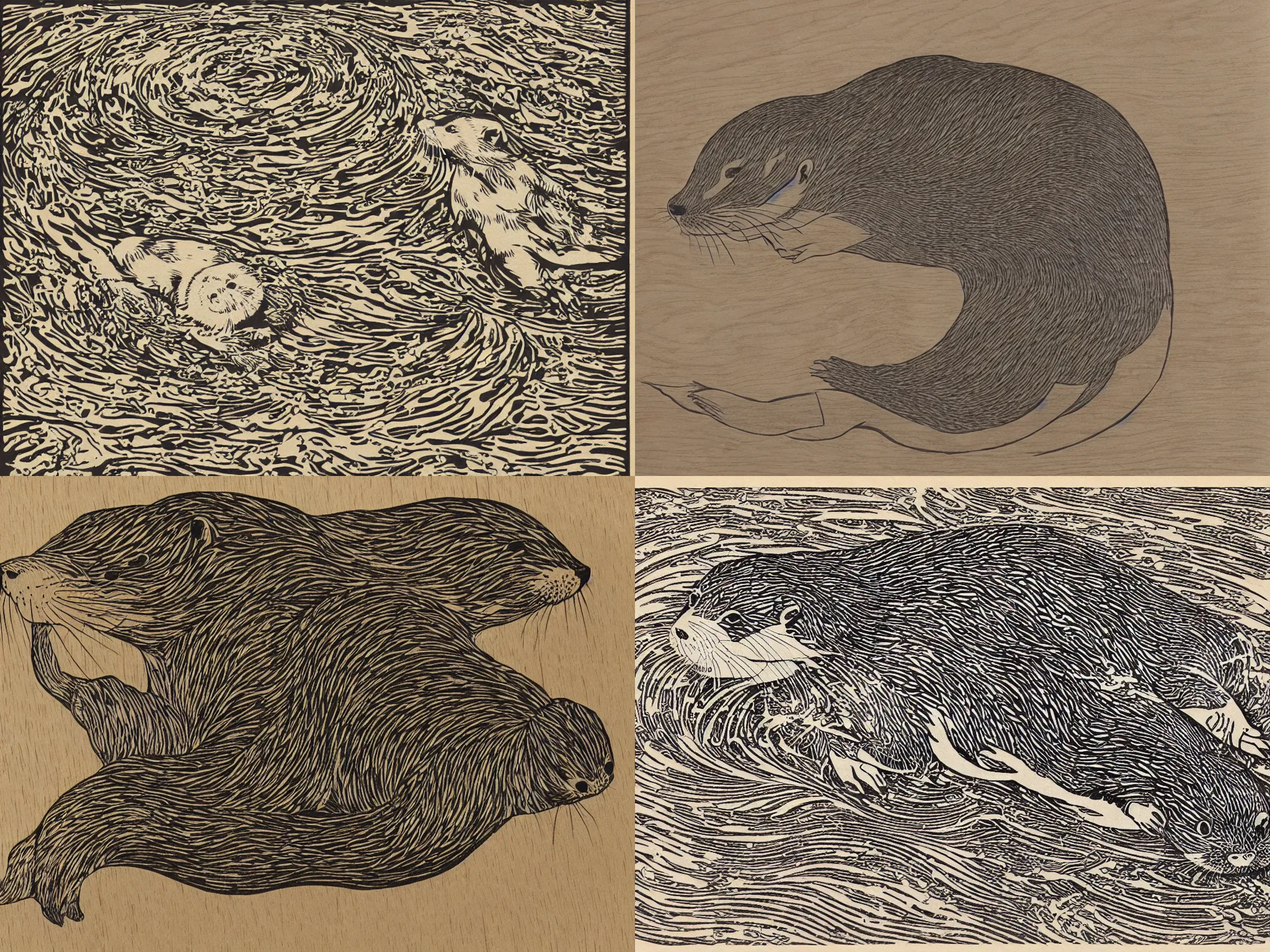 Prompt: wood cut print of an otter, Japanese wood cut