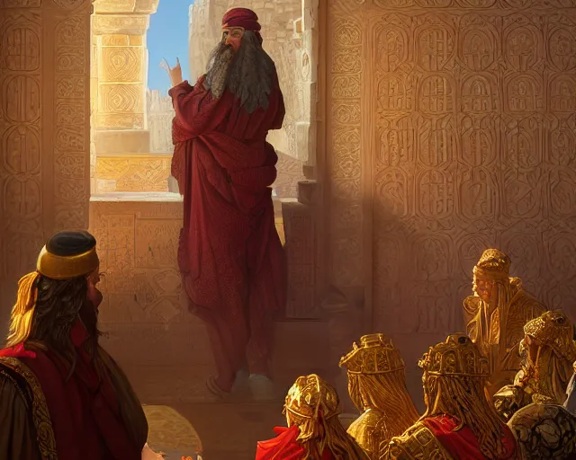 Image similar to king solomon of israel in the first temple in jerusalem, photography of kurzgesagt, deep focus, d & d, fantasy, intricate, elegant, highly detailed, digital painting, artstation, concept art, matte, sharp focus, illustration, hearthstone, art by artgerm and greg rutkowski and alphonse mucha