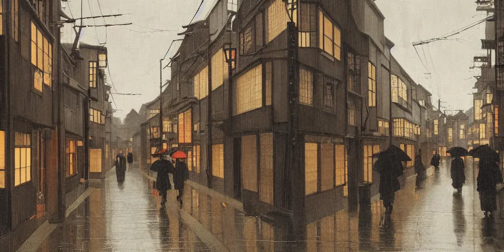 Image similar to a typical japanese city street in the rain, vermeer painting, dark academia aesthetic, matte painting