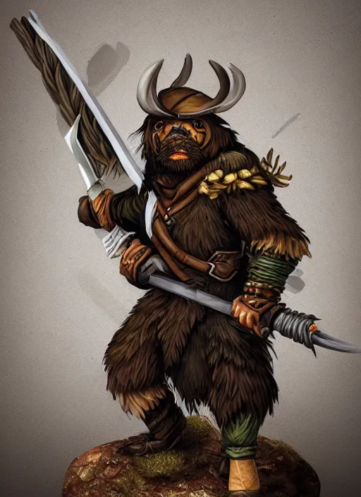 Image similar to bugbear ranger holding a fire sword, exquisite details, black beard, white background, by studio muti