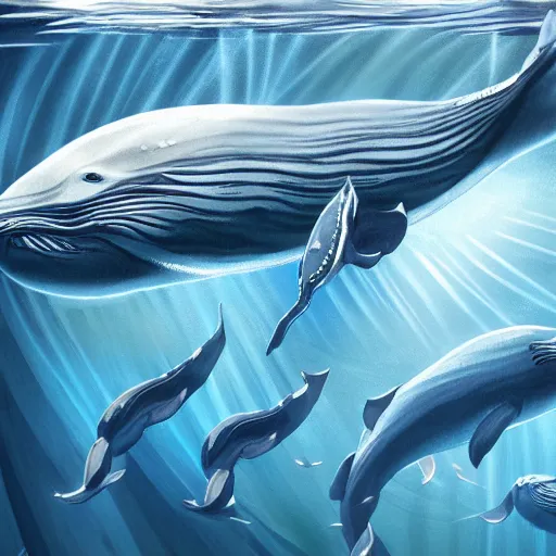 Prompt: Looking up at a pod of whales underwater, the sun shines through them, intricate, highly detailed, digital painting, artstation, concept art