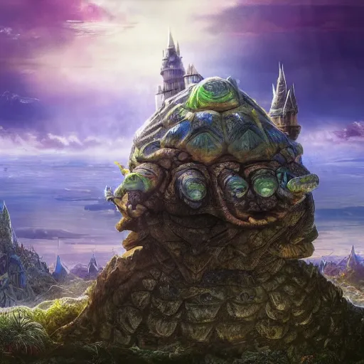 Image similar to large fantasy castle riding on the top of a giant tortoise, towering over a harsh wasteland with sharp rays of sunlight, howls moving castle, mortal engines, kaiju, distant - mid - shot, fantasy, hyper detailed, 4 k