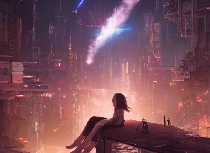 Image similar to girl staring at a meteorite hitting a floating cyberpunk city at night by wlop, key visual, high detail, digital art