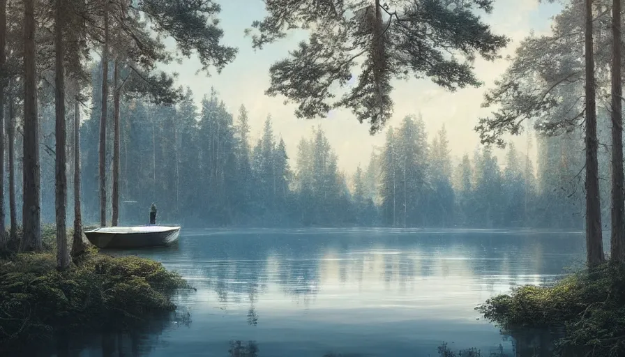 Prompt: portrait of a large lake with a boat near a pine forest, highly detailed, sunny, blue sky, cinematic lighting, highly angle, godrays, volumetric, photorealistic, digital art painting by greg rutkowski