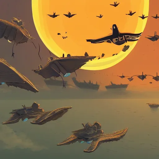 Prompt: a beautiful floating city, flying creatures, sunset, in the style of Ralph McQuarrie