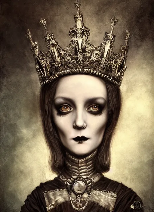 Prompt: highly detailed closeup portrait of a goth medieval princess wearing a crown and a gas mask sitting on a throne, nicoletta ceccoli, mark ryden, lostfish, global illumination, god rays, detailed and intricate environment