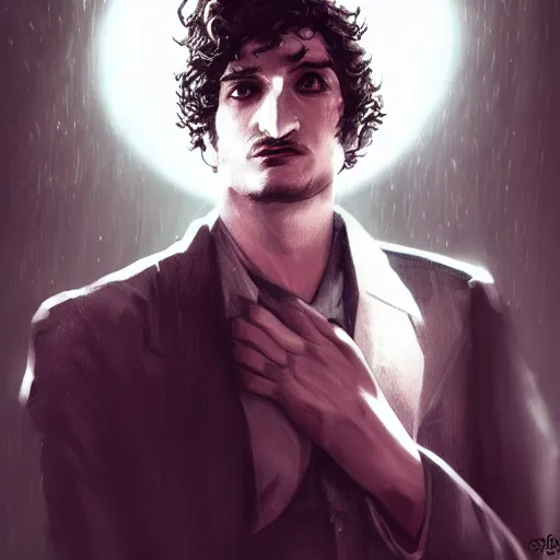 Image similar to louis garrel portrait, arcane netflix, arcane jayce, arcane vi, arcane jinx, concept portrait, riot, acrace catoon, detailed expression, high quality, cinematic lighting, fantasy, reflective, spotlight, digital artwork