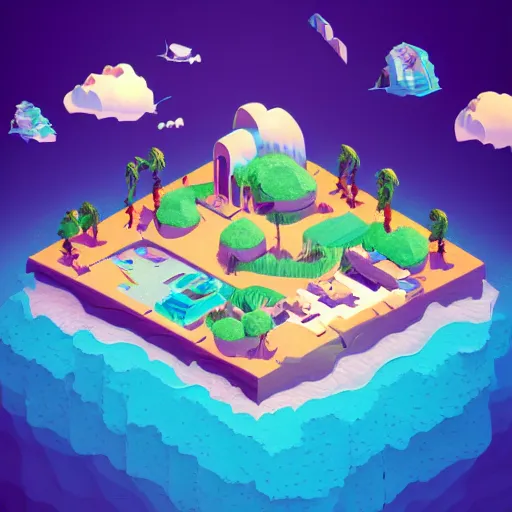 Image similar to isometric island in the sky, isometric invironment, 3d art, isometric art, amazing detail, artstation, concept art, behance, neon blue background