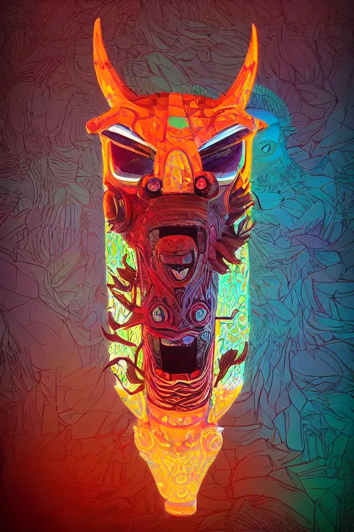 Image similar to totem animal tribal chaman vodoo mask feather gemstone plant wood rock video game illustration vivid color borderlands by josan gonzales and dan mumford radiating a glowing aura global illumination ray tracing