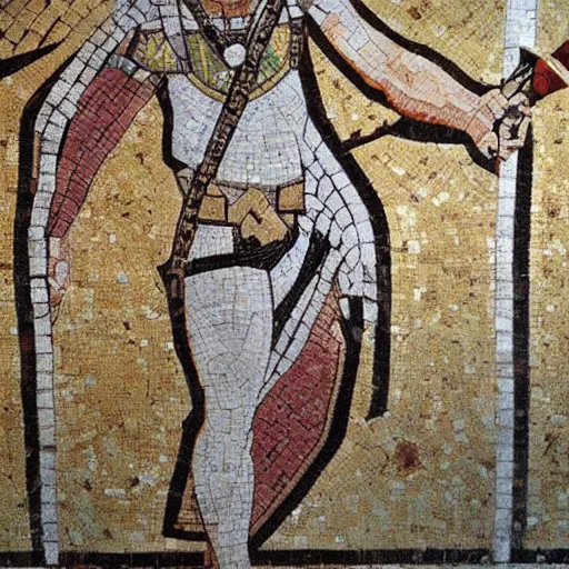 Image similar to ancient greek mosaic of link from zelda with raised sword