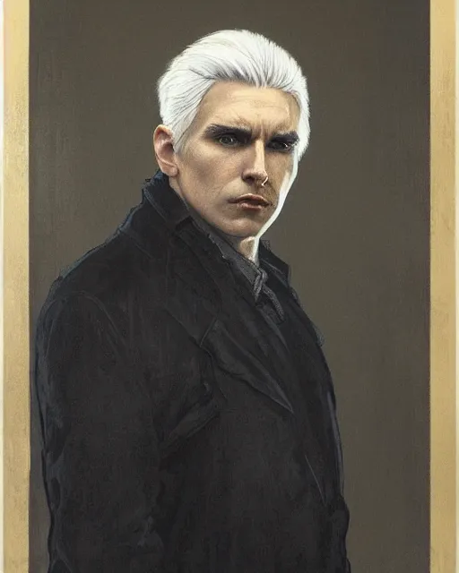 Prompt: portrait of 4 0 - year - old man with white hair with a pale complexion, pointed face and grey eyes, clear smooth face, no beard, wearing all black clothes, haughty facial expression, hyper realistic face, beautiful eyes, close up, fantasy art, in the style of greg rutkowski, intricate, alphonse mucha, hyper detailed, smooth