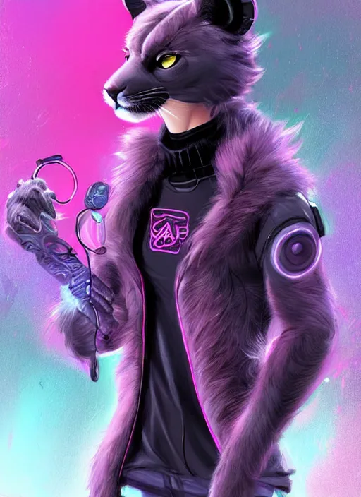 Image similar to award winning beautiful portrait commission of a male furry anthro puma fursona with a tail and a cute beautiful attractive detailed furry face wearing stylish black and pink cyberpunk clothes in a cyberpunk city at night while it rains. Character design by charlie bowater, ross tran, artgerm, and makoto shinkai, detailed, inked, western comic book art