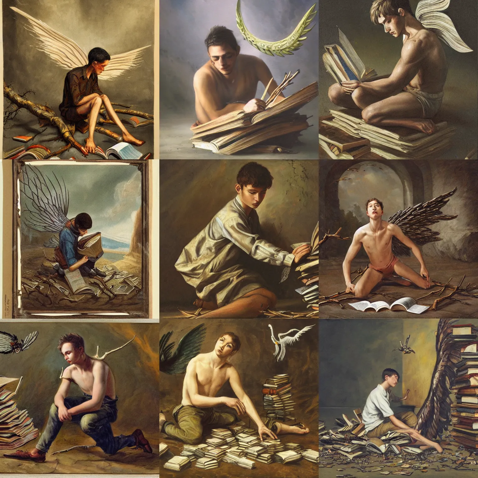 Prompt: a young man wearing broken wings made from twigs. he is kneeling down on the floor, looking at a pile of open books, fantasy painting