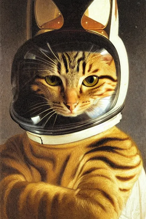 Image similar to portrait of a cat astronaut with armor and helmet, by bouguereau