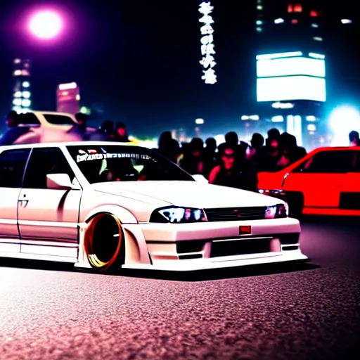 Image similar to a car JZX100 twin turbo drift at illegal car meet, Shibuya prefecture, city midnight mist lights, cinematic lighting, photorealistic, highly detailed wheels, high detail